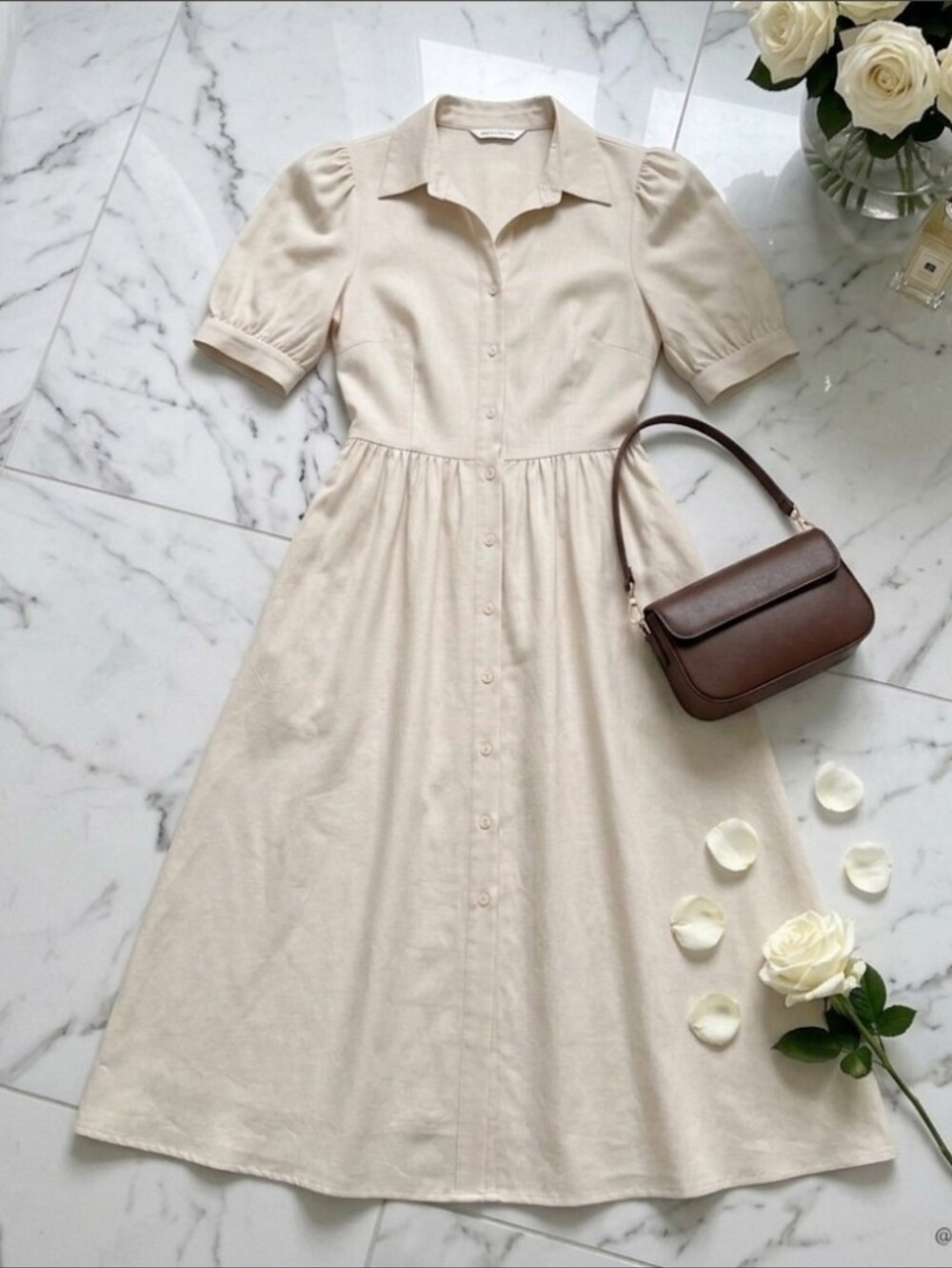 Chic Cream A-Line Midi Dress with Puff Sleeves